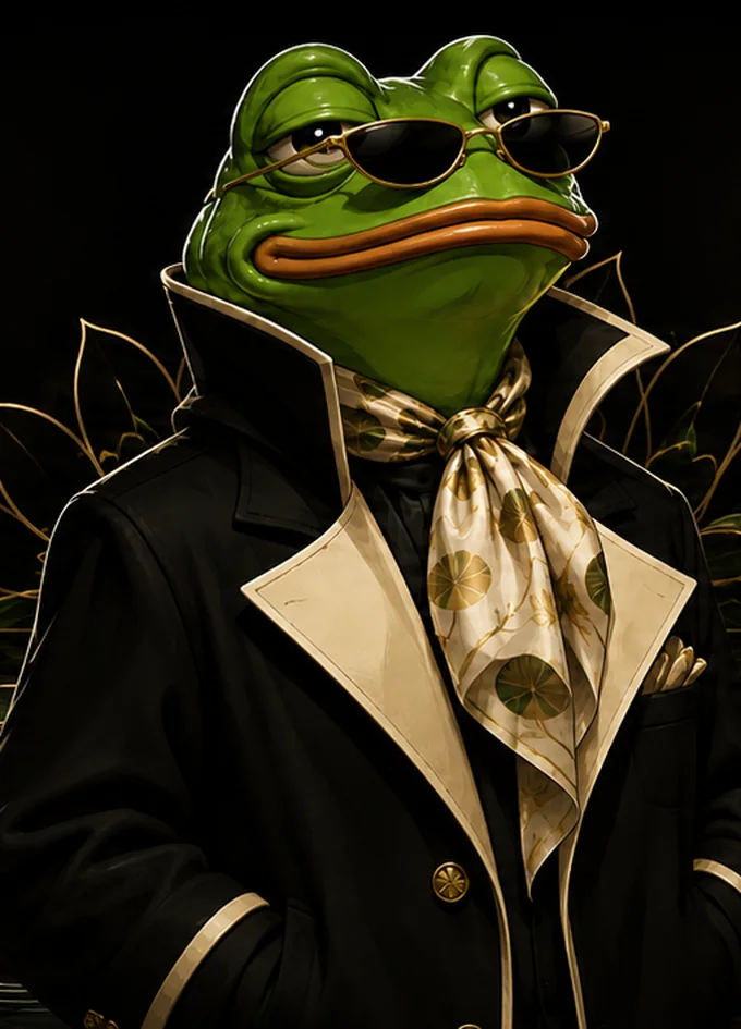 PONDÉ full figure, hands in pockets, gilded leaves behind